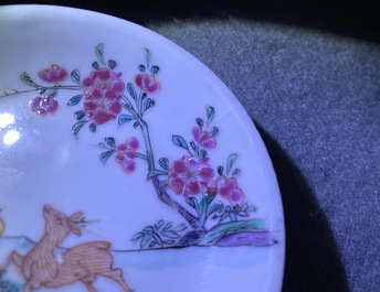 Six soucoupes et cinq tasses en porcelaine de Chine famille rose, Kangxi et apr&egrave;s